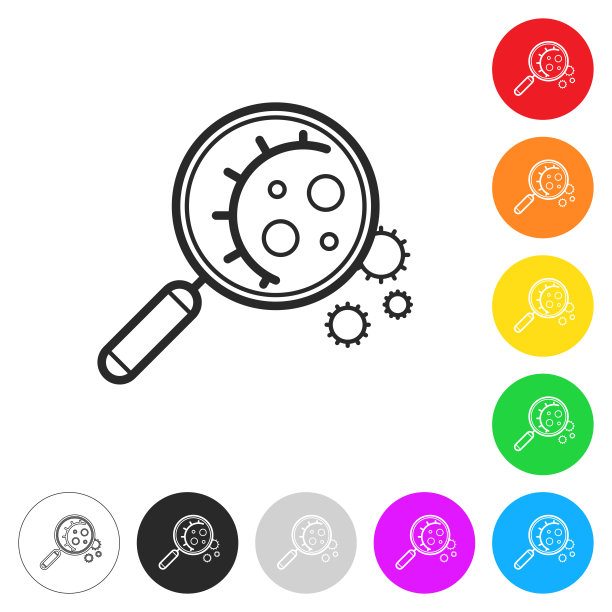 带有病毒细胞的放大镜按钮上不同颜色的平面图标图片下载