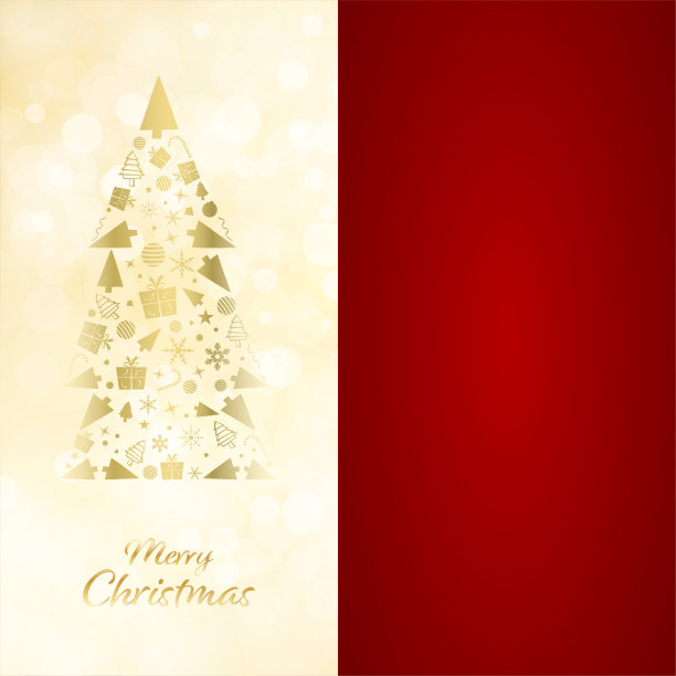 圣诞背景分为两部分，一半是金色的创意圣诞树，由小圣诞饰品组成，背景是闪闪发光的灯，底部是短信“圣诞快乐”，另一半是纯红色的栗色图片下载