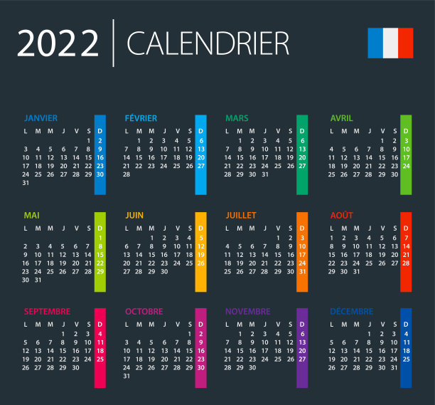 日历2022年法国-彩色矢量插图。法语版本。黑暗的背景。图片下载