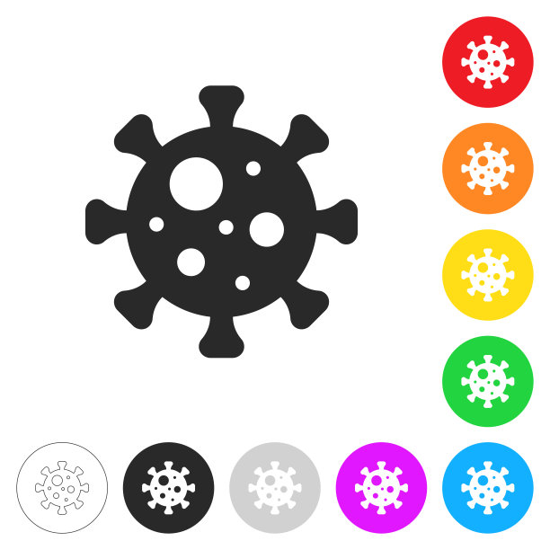 冠状病毒细胞(COVID-19)。按钮上不同颜色的平面图标图片下载