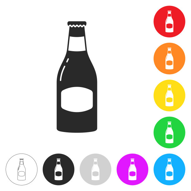 啤酒瓶。按钮上不同颜色的平面图标图片下载
