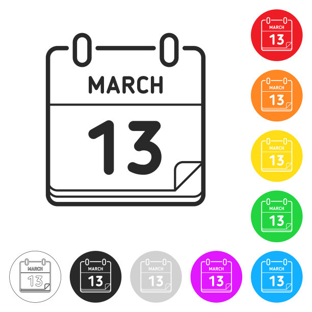 3月13日，不同颜色的按钮上的扁平图标图片下载
