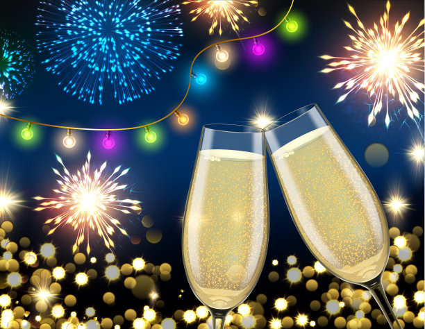 新年背景与烟花，彩纸和香槟图片下载