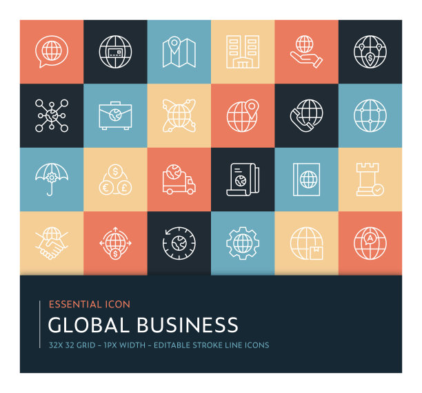 全球业务可编辑笔画线图标集合图片下载