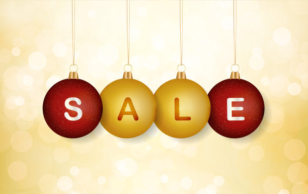 一个创造性的闪光金黄米色的空纯空白矢量背景，条纹螺旋发光的浅棕色圣诞树和一颗星星在它的顶部，四个小玩意在红色和米色在底部与文字S A L E出售相关的横幅海报图片下载