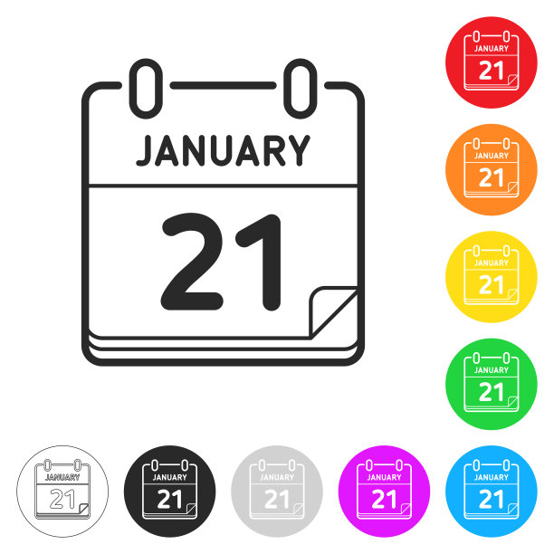 1月21日。不同颜色按钮上的扁平图标图片下载