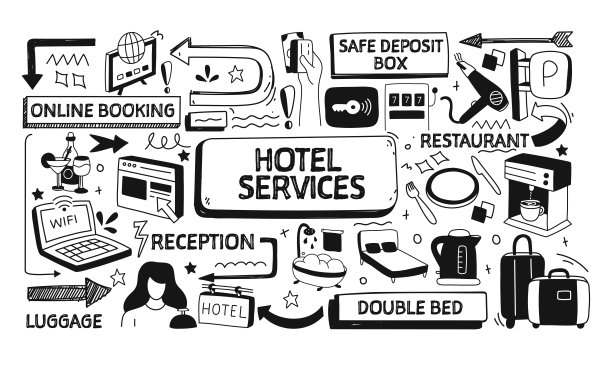 酒店服务相关涂鸦插图。现代设计矢量插图的网站横幅，网站标题等。图片下载