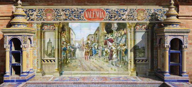 图片与西班牙城市巴伦西亚的名字和画在瓷砖上的历史场景——塞维利亚西班牙广场的长椅图片下载