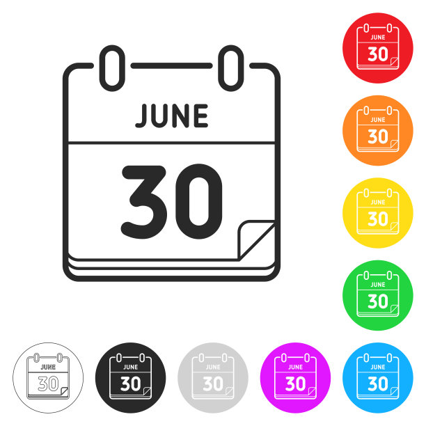 6月30日。不同颜色按钮上的扁平图标图片下载