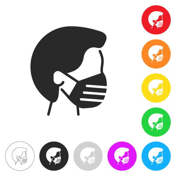 佩戴医用口罩者。按钮上不同颜色的平面图标图片下载