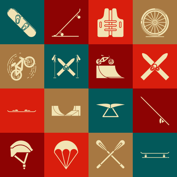 集滑板、冲浪板、滑雪和棍棒生活图片下载