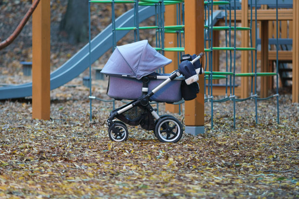 秋天的日子里，推着婴儿车里的婴儿散步图片下载