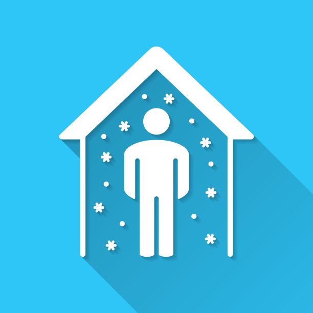 隔离-病人呆在家里。蓝色背景上的图标-长阴影平面设计图片下载