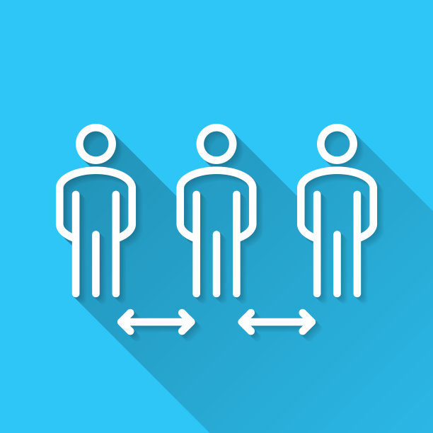 社会距离。蓝色背景上的图标-长阴影平面设计图片下载