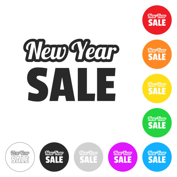 新的一年出售。按钮上不同颜色的平面图标图片下载
