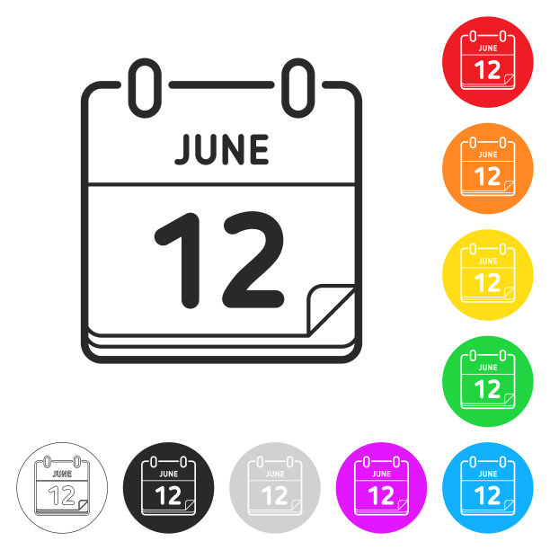 6月12日。不同颜色的按钮上的扁平图标图片下载