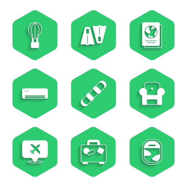 设置滑雪板手提箱飞机窗扶手椅图片下载