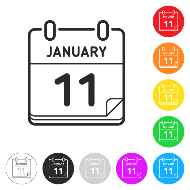1月11日彩色按钮上的扁平图标图片下载
