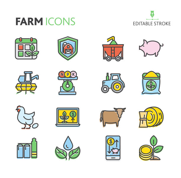 现代农场和农业图标概念丰富多彩的细线风格-可编辑的stroke图片下载