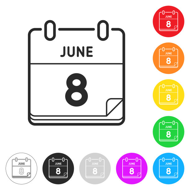 彩色按钮上的6月8日扁平图标图片下载