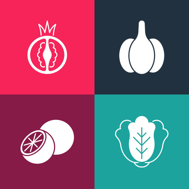 集合流行艺术卷心菜，橘子，水果，大蒜和图片下载