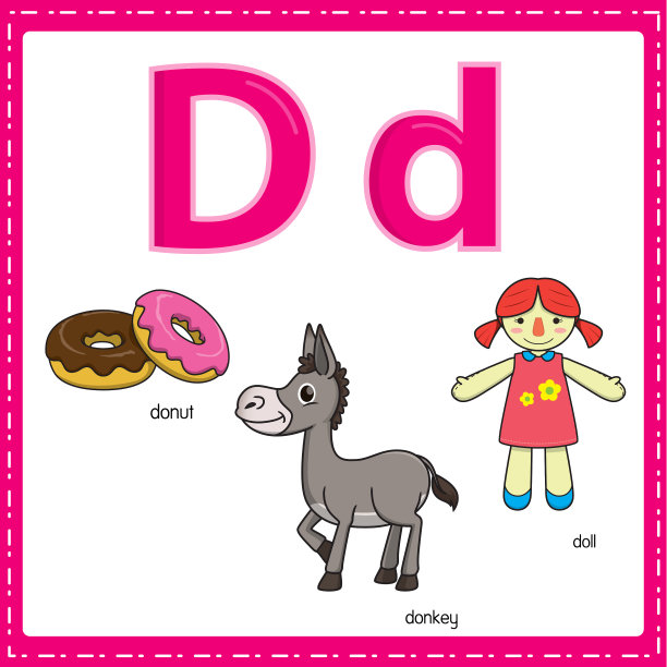 向量插图学习字母D的小写和大写的儿童与3卡通图像。甜甜圈驴的洋娃娃。图片下载