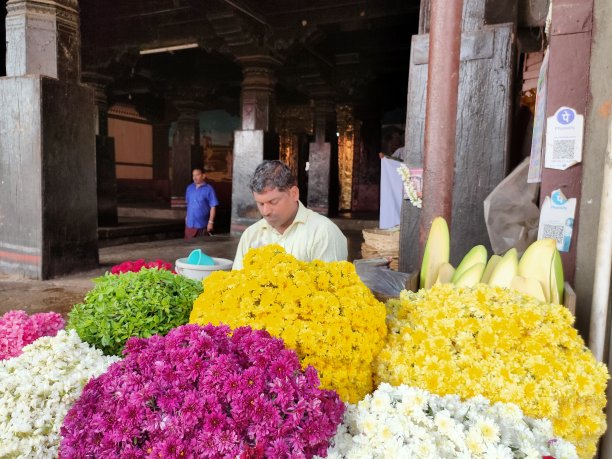 2021年12月20日，印度卡纳塔克邦的市场摊位上出售五颜六色的花环花。这些花用于印度的婚礼装饰、寺庙庆典和节日期间。图片下载