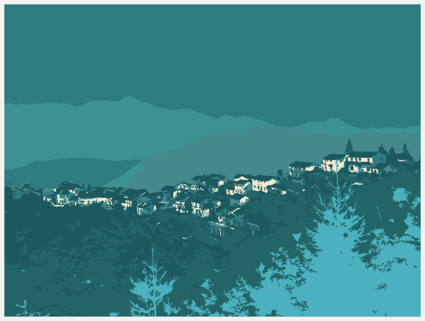 彩色木刻风格的乡村景观，中式山间别墅图片下载