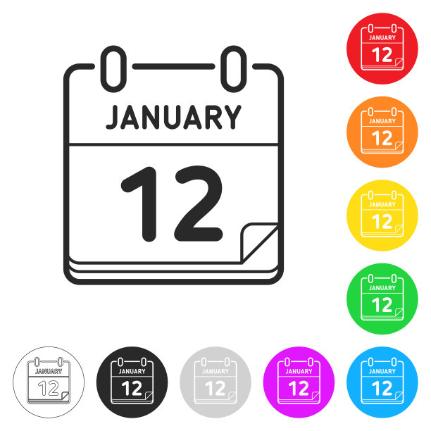 1月12日不同颜色按钮上的扁平图标图片下载