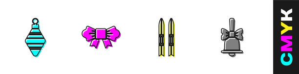 设置圣诞球，蝴蝶结，滑雪板和棍子图片下载