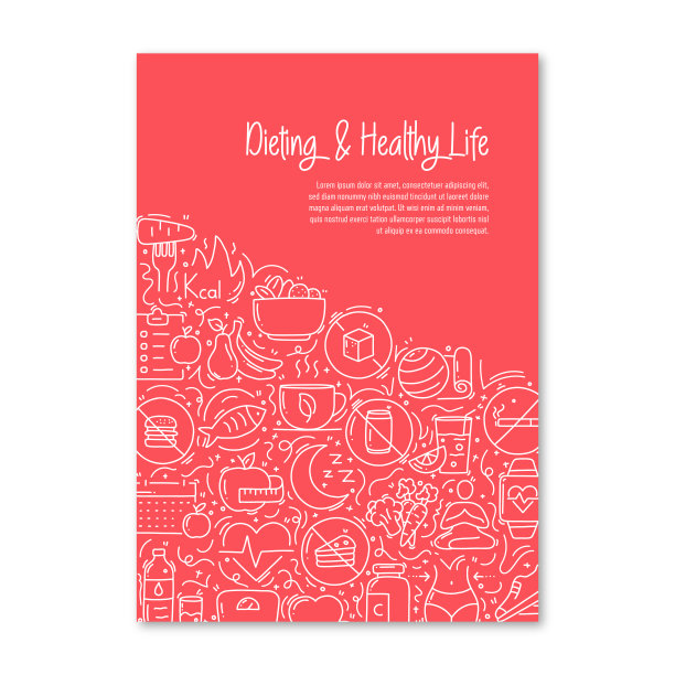 饮食与健康生活方式相关的对象和要素。手绘矢量涂鸦插图集合。海报，封面模板与不同的饮食和健康的生活方式对象图片下载