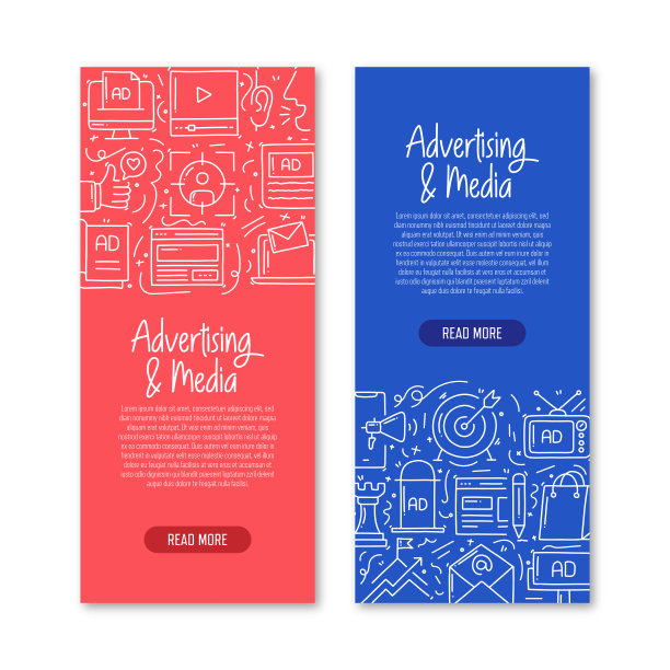 广告和媒体相关的对象和元素。手绘矢量涂鸦插图集合。横幅模板与不同的广告和媒体对象图片下载