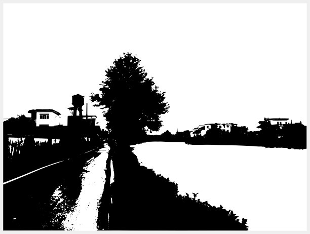 黑白木刻风格的乡村风光，河流风光图片下载