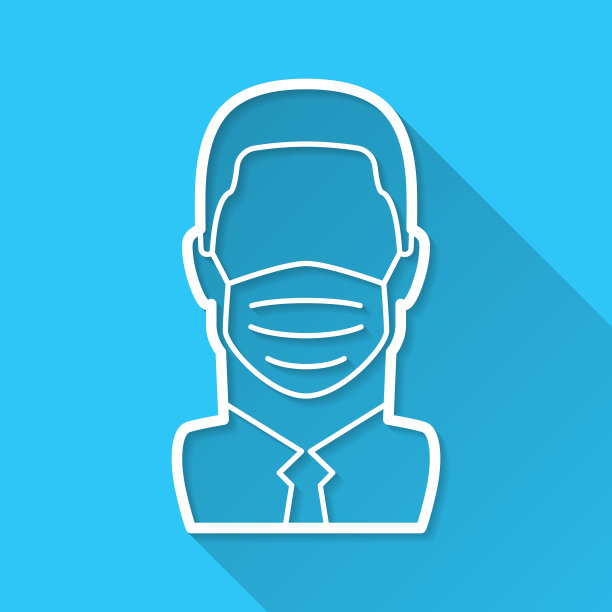 戴医用口罩的男子。图标在蓝色背景-平面设计与长阴影图片下载
