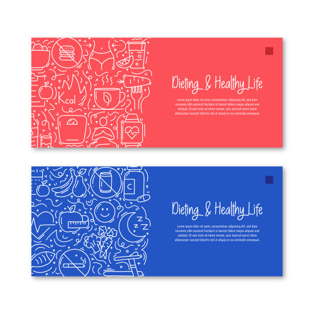 饮食与健康生活方式相关的对象和要素。手绘矢量涂鸦插图集合。横幅模板与不同的饮食和健康的生活方式对象图片下载