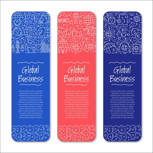 全局业务相关对象和元素。手绘矢量涂鸦插图集合。带有不同全局业务对象的横幅模板图片下载