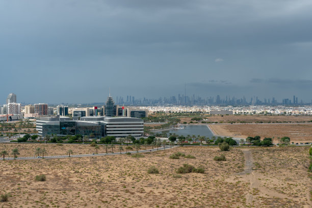 迪拜硅绿洲雨景下的迪拜天际线图片下载