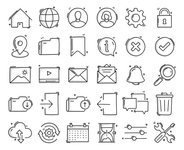 用户界面相关的对象和元素。手绘矢量涂鸦插图集合。手绘图标设置。图片下载