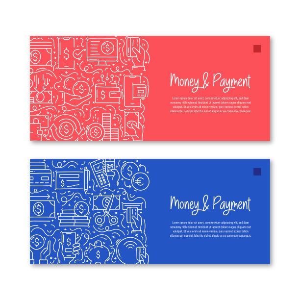 货币和支付相关的对象和元素。手绘矢量涂鸦插图集合。横幅模板与不同的金钱和支付对象图片下载