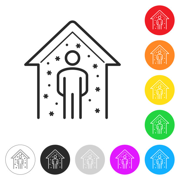 隔离-病人呆在家里。按钮上不同颜色的平面图标图片下载