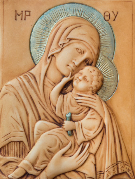 希腊，塞萨洛尼基——2022年2月26日:圣母玛利亚(圣母玛利亚)和圣子(耶稣基督)的图标图片下载