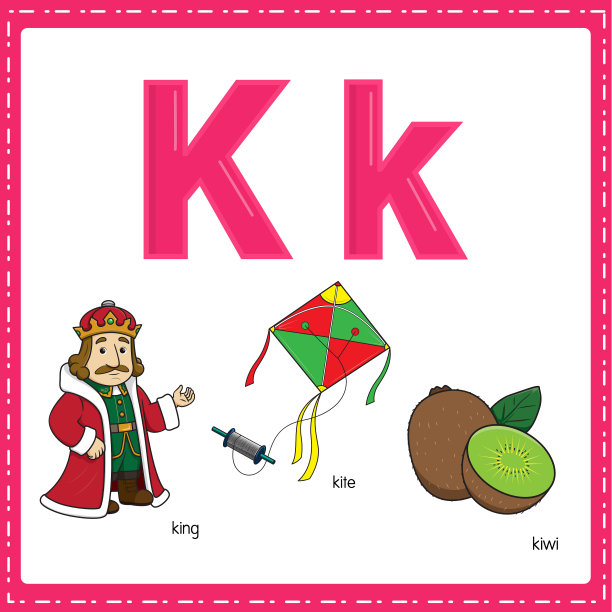 向量插图学习字母K的小写和大写的儿童与3卡通图像。王风筝猕猴桃。图片下载