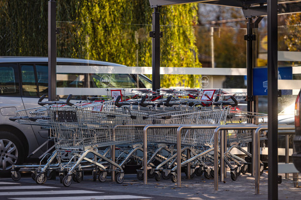 LIDL超市附近的购物车。Lidl是德国的全球折扣连锁超市。图片下载