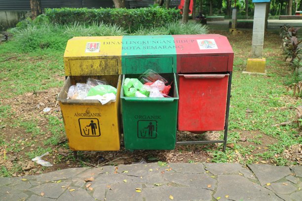 公园中央的三个绿色、黄色和红色的垃圾桶图片下载