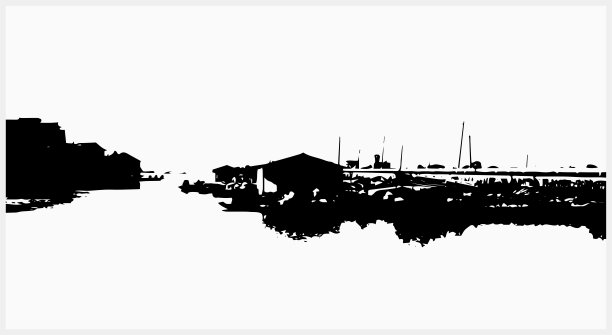 黑白木刻风格的自然景物，河流和山脉图片下载