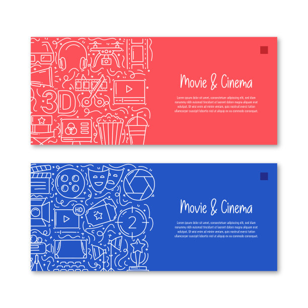 电影和电影相关的对象和元素。手绘矢量涂鸦插图集合。横幅模板与不同的电影和电影对象图片下载