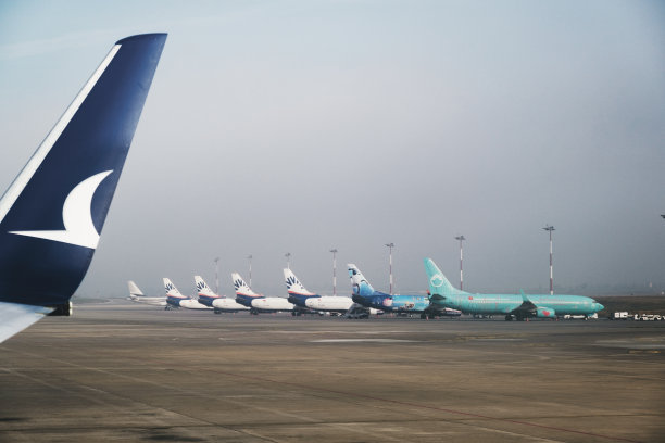 伊兹密尔·阿德南·门德斯机场跑道上的飞机排成一排。土耳其伊兹密尔的社论中枪。图片下载