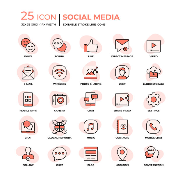 社交媒体平风格线图标图片下载