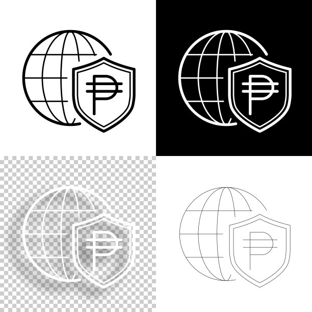 比索盾与地球仪。图标设计。空白，白色和黑色背景-线图标图片下载