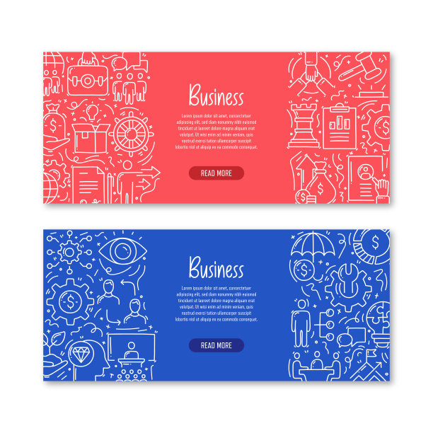 业务相关对象和元素。手绘矢量涂鸦插图集合。带有不同业务对象的横幅模板图片下载